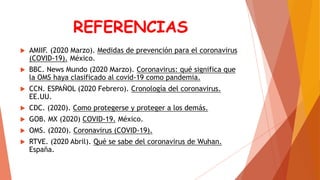 REFERENCIAS
 AMIIF. (2020 Marzo). Medidas de prevención para el coronavirus
(COVID-19). México.
 BBC. News Mundo (2020 Marzo). Coronavirus: qué significa que
la OMS haya clasificado al covid-19 como pandemia.
 CCN. ESPAÑOL (2020 Febrero). Cronología del coronavirus.
EE.UU.
 CDC. (2020). Como protegerse y proteger a los demás.
 GOB. MX (2020) COVID-19. México.
 OMS. (2020). Coronavirus (COVID-19).
 RTVE. (2020 Abril). Qué se sabe del coronavirus de Wuhan.
España.
 