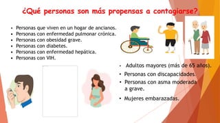 ¿Qué personas son más propensas a contagiarse?
• Personas que viven en un hogar de ancianos.
• Personas con enfermedad pulmonar crónica.
• Personas con obesidad grave.
• Personas con diabetes.
• Personas con enfermedad hepática.
• Personas con VIH.
• Mujeres embarazadas.
• Personas con discapacidades.
• Adultos mayores (más de 65 años).
• Personas con asma moderada
a grave.
 