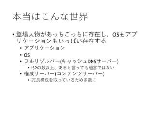 本当はこんな世界
• 登場人物があっちこっちに存在し、OSもアプ
リケーションもいっぱい存在する
• アプリケーション
• OS
• フルリゾルバー(キャッシュDNSサーバー)
• ISPの数以上、あると言っても過言ではない
• 権威サーバー(コンテンツサーバー)
• 冗長構成を取っているため多数に
 