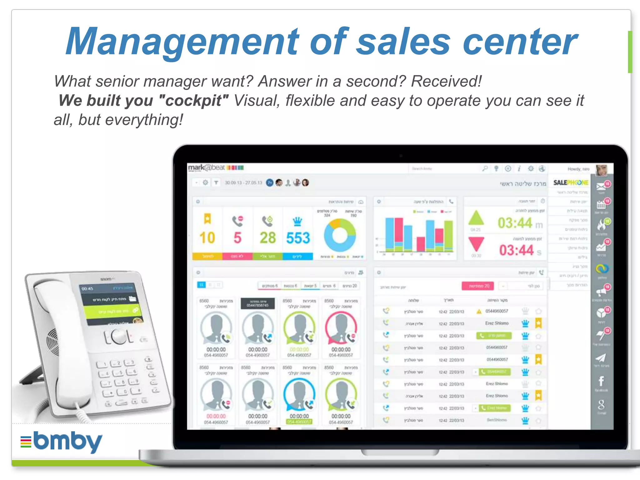 Management of sales center 
What senior manager want? Answer in a second? Received! 
We built you "cockpit" Visual, flexible and easy to operate you can see it 
all, but everything! 
 