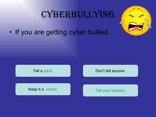 Cyberbullying If you are getting cyber bullied. Tell a  adult . Keep it a  secret . Tell   your   teacher . Don’t tell anyone. 