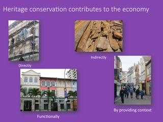 Heritage  conserva.on  contributes  to  the  economy
	
  
	
  
	
  
	
  
	
  
	
  
	
  Directly	
  
	
  
	
  
	
  
	
  
	
  
	
  
Indirectly	
  
	
  
	
  
	
  
	
  
	
  
FuncDonally	
  
	
  
	
  
	
  
	
  
By	
  providing	
  context	
  
 