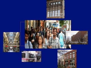 Good	
  Urbanism	
  
Heritage	
  
ConservaDon	
  
Aﬀordable	
  Housing	
  
Small	
  
Business	
  
IncubaDon	
  	
  
Density	
  
Public	
  
TransportaDon	
  
 