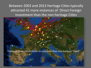 Between	
  2003	
  and	
  2013	
  Heritage	
  CiDes	
  typically	
  
aPracted	
  41	
  more	
  instances	
  of	
  	
  Direct	
  Foreign	
  
Investment	
  than	
  the	
  non-­‐heritage	
  CiDes	
  
 