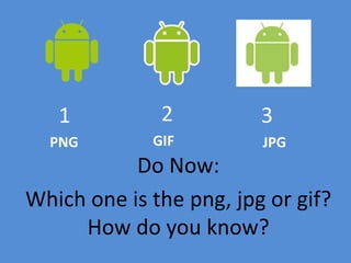 Do Now:
Which one is the png, jpg or gif?
How do you know?
1 2 3
PNG GIF JPG
 