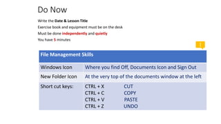 Do Now
File Management Skills
Windows Icon Where you find Off, Documents Icon and Sign Out
New Folder Icon At the very top of the documents window at the left
Short cut keys: CTRL + X CUT
CTRL + C COPY
CTRL + V PASTE
CTRL + Z UNDO
Write the Date & Lesson Title
Exercise book and equipment must be on the desk
Must be done independently and quietly
You have 5 minutes
 