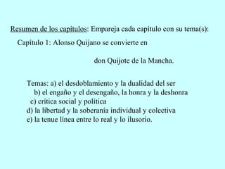Resumen de los capítulos: Empareja cada capítulo con su tema(s):
Capítulo 1: Alonso Quijano se convierte en
don Quijote de la Mancha.
Temas: a) el desdoblamiento y la dualidad del ser
b) el engaño y el desengaño, la honra y la deshonra
c) crítica social y política
d) la libertad y la soberanía individual y colectiva
e) la tenue línea entre lo real y lo ilusorio.
 
