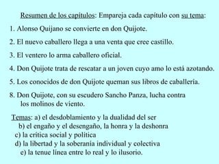 Resumen de los capítulos: Empareja cada capítulo con su tema:
1. Alonso Quijano se convierte en don Quijote.
2. El nuevo caballero llega a una venta que cree castillo.
3. El ventero lo arma caballero oficial.
4. Don Quijote trata de rescatar a un joven cuyo amo lo está azotando.
5. Los conocidos de don Quijote queman sus libros de caballería.
8. Don Quijote, con su escudero Sancho Panza, lucha contra
los molinos de viento.
Temas: a) el desdoblamiento y la dualidad del ser
b) el engaño y el desengaño, la honra y la deshonra
c) la crítica social y política
d) la libertad y la soberanía individual y colectiva
e) la tenue línea entre lo real y lo ilusorio.
 