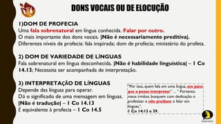 DONS VOCAIS OU DE ELOCUÇÃO
1)DOM DE PROFECIA
Uma fala sobrenatural em língua conhecida. Falar por outro.
O mais importante dos dons vocais. |Não é necessariamente preditiva|.
Diferentes níveis de profecia: fala inspirada; dom de profecia; ministério do profeta.
2) DOM DE VARIEDADE DE LÍNGUAS
Fala sobrenatural em língua desconhecida. |Não é habilidade linguística| – 1 Co
14.13; Necessita ser acompanhada de interpretação.
3) INTERPRETAÇÃO DE LÍNGUAS
Depende das línguas para operar.
Dá o significado de uma mensagem em línguas.
|Não é tradução| – 1 Co 14.13
É equivalente à profecia – 1 Co 14.5
“Por isso, quem fala em uma língua, ore para
que a possa interpretar.” ... ” Portanto,
meus irmãos, busquem com dedicação o
profetizar e não proíbam o falar em
línguas.”.
1 Co 14:13 e 39.
 