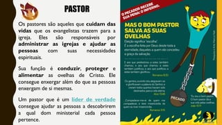 PASTOR
Os pastores são aqueles que cuidam das
vidas que os evangelistas trazem para a
igreja. Eles são responsáveis por
administrar as igrejas e ajudar as
pessoas com suas necessidades
espirituais.
Sua função é conduzir, proteger e
alimentar as ovelhas de Cristo. Ele
consegue enxergar além do que as pessoas
enxergam de si mesmas.
Um pastor que é um líder de verdade
consegue ajudar as pessoas a descobrirem
a qual dom ministerial cada pessoa
pertence.
 