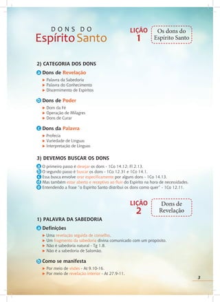3
2) CATEGORIA DOS DONS
Dons de Revelação
u Palavra da Sabedoria
u Palavra do Conhecimento
u Discernimento de Espíritos
Dons de Poder
u Dom da Fé
u Operação de Milagres
u Dons de Curar
Dons da Palavra
u Profecia
u Variedade de Línguas
u Interpretação de Línguas
3) DEVEMOS BUSCAR OS DONS
O primeiro passo é desejar os dons - 1Co 14.12; Fl 2.13.
O segundo passo é buscar os dons - 1Co 12.31 e 1Co 14.1.
Essa busca envolve orar especificamente por alguns dons - 1Co 14.13.
Mas também estar aberto e receptivo ao fluir do Espírito na hora de necessidades.
Entendendo a frase “o Espírito Santo distribui os dons como quer” - 1Co 12.11.
1) PALAVRA DA SABEDORIA
Definições
u Uma revelação seguida de conselho.
u Um fragmento da sabedoria divina comunicado com um propósito.
u Não é sabedoria natural - Tg 1.8.
u Não é a sabedoria de Salomão.
Como se manifesta
u Por meio de visões - At 9.10-16.
u Por meio de revelação interior - At 27.9-11.
		
b
c
a
d
e
a
b
c
LIÇÃO
1
Os dons do
Espírito Santo
LIÇÃO
2
Dons de
Revelação
a
b
3
 