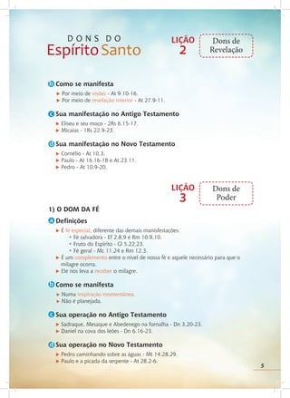 5
Como se manifesta
u Por meio de visões - At 9.10-16.
u Por meio de revelação interior - At 27.9-11.
Sua manifestação no Antigo Testamento
u Eliseu e seu moço - 2Rs 6.15-17.
u Micaías - 1Rs 22.9-23.
Sua manifestação no Novo Testamento
u Cornélio - At 10.3.
u Paulo - At 16.16-18 e At 23.11.
u Pedro - At 10.9-20.
1) O DOM DA FÉ
Definições
u É fé especial, diferente das demais manisfestações:
• Fé salvadora - Ef 2.8,9 e Rm 10.9,10.
• Fruto do Espírito - Gl 5.22,23.
		 • Fé geral - Mc 11.24 e Rm 12.3.
u É um complemento entre o nível de nossa fé e aquele necessário para que o
milagre ocorra.
u Ele nos leva a receber o milagre.
Como se manifesta
u Numa inspiração momentânea.
u Não é planejada.
Sua operação no Antigo Testamento
u Sadraque, Mesaque e Abedenego na fornalha - Dn 3.20-23.
u Daniel na cova dos leões - Dn 6.16-23.
Sua operação no Novo Testamento
u Pedro caminhando sobre as águas - Mt 14.28,29.
u Paulo e a picada da serpente - At 28.2-6.
a
b
b
c
LIÇÃO
2
Dons de
Revelação
LIÇÃO
3
Dons de
Poder
c
d
d
5
 