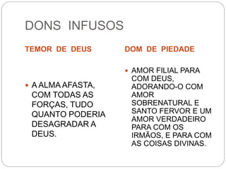 DONS INFUSOS
TEMOR DE DEUS DOM DE PIEDADE
 A ALMA AFASTA,
COM TODAS AS
FORÇAS, TUDO
QUANTO PODERIA
DESAGRADAR A
DEUS.
 AMOR FILIAL PARA
COM DEUS,
ADORANDO-O COM
AMOR
SOBRENATURAL E
SANTO FERVOR E UM
AMOR VERDADEIRO
PARA COM OS
IRMÃOS, E PARA COM
AS COISAS DIVINAS.
 