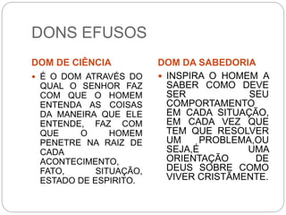 DONS EFUSOS
DOM DE CIÊNCIA DOM DA SABEDORIA
 É O DOM ATRAVÉS DO
QUAL O SENHOR FAZ
COM QUE O HOMEM
ENTENDA AS COISAS
DA MANEIRA QUE ELE
ENTENDE, FAZ COM
QUE O HOMEM
PENETRE NA RAIZ DE
CADA
ACONTECIMENTO,
FATO, SITUAÇÃO,
ESTADO DE ESPIRITO.
 INSPIRA O HOMEM A
SABER COMO DEVE
SER SEU
COMPORTAMENTO
EM CADA SITUAÇÃO,
EM CADA VEZ QUE
TEM QUE RESOLVER
UM PROBLEMA,OU
SEJA,É UMA
ORIENTAÇÃO DE
DEUS SOBRE COMO
VIVER CRISTÃMENTE.
 