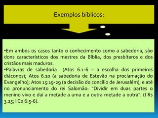 Exemplos bíblicos:




•Em ambos os casos tanto o conhecimento como a sabedoria, são
dons característicos dos mestres da Bíblia, dos presbíteros e dos
cristãos mais maduros.
•Palavras de sabedoria (Atos 6.1-6 – a escolha dos primeiros
diáconos); Atos 6.10 (a sabedoria de Estevão na proclamação do
Evangelho); Atos 15:19-29 (a decisão do concílio de Jerusalém); e até
no pronunciamento do rei Salomão: “Dividir em duas partes o
menino vivo e daí a metade a uma e a outra metade a outra”. (I Rs
3.25; I Co 6:5-6).
 