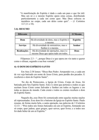 “A manifestação do Espírito é dada a cada um para o que for útil.
Mas um só e o mesmo Espírito opera estas coisas, distribuindo
particularmente a cada um como quer. Mas Deus colocou os
membros no corpo, cada um deles como quis”. – (1 Coríntios
12.7,11 e 18).
3.4)- RESUMO
Diferente O Mesmo
Dom Há diversidade de dons, mas o Espírito é
o mesmo.
Espírito
Serviço Há diversidade de ministérios, mas o
Senhor é o mesmo.
Senhor
Realizações Há diversidade de operações, mas é o
mesmo Deus que opera tudo em todos.
Deus
Filipenses 2.3 – “...porque Deus é o que opera em vós tanto o querer
como o efetuar, segundo a sua boa vontade”.
4)- O DOM DO ESPÍRITO SANTO
Em Atos 2:38 lemos: “Disse-lhes Pedro: Arrependei-vos, e cada um
de voz seja batizado em nome de Jesus Cristo, para perdão dos pecados. E
recebereis o dom do Espírito Santo”.
No dia de Pentecostes, a Igreja de Cristo, Corpo de Jesus, foi
batizada pelo Seu Espírito Santo. Este é o dom que pertence a todos os que
aceitam Jesus Cristo como Salvador e Senhor em todos os lugares e em
todas as épocas do mundo. Cada crente e todos os crentes recebem o dom
do Espírito Santo.
Naquele dia, esse Dom foi comunicado entre aquelas muitas nações
ali representadas. Esse dom foi o batismo da Igreja no Espírito Santo. Paulo
resume, de forma muito bela, a santa operação, nas palavras de 1 Coríntios
12.13: - “Pois todos nós fomos batizados em um só Espírito, formando um
só corpo, quer judeus, quer gregos, quer servos, quer livres; e a todos nos
foi dado beber de um só Espírito.”
 