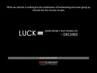 What we call luck is nothing but the combination of hardworking and never giving up
attitude less the excuses we give
 