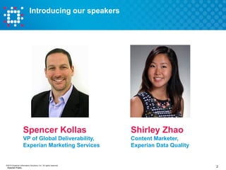 2©2015 Experian Information Solutions, Inc. All rights reserved.
Experian Public. 2
Introducing our speakers
Shirley Zhao
...