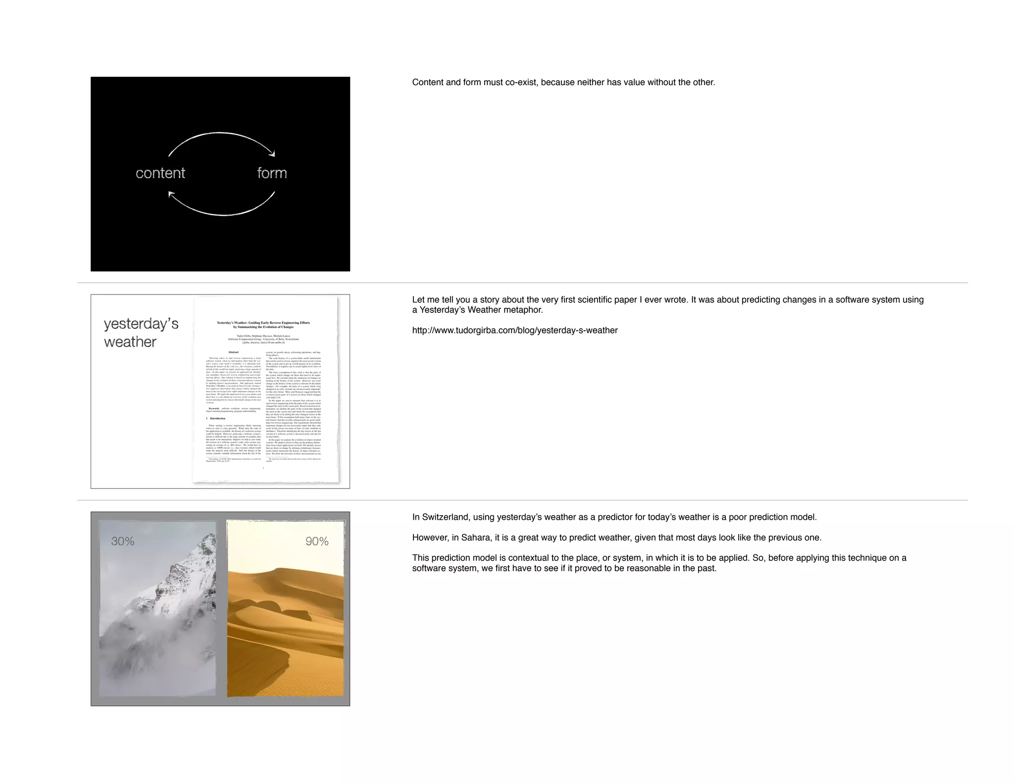 content form
Content and form must co-exist, because neither has value without the other.
yesterday’s
weather
Let me tell you a story about the very ﬁrst scientiﬁc paper I ever wrote. It was about predicting changes in a software system using
a Yesterday’s Weather metaphor.
http://www.tudorgirba.com/blog/yesterday-s-weather
30% 90%
In Switzerland, using yesterday’s weather as a predictor for today’s weather is a poor prediction model.
However, in Sahara, it is a great way to predict weather, given that most days look like the previous one.
This prediction model is contextual to the place, or system, in which it is to be applied. So, before applying this technique on a
software system, we ﬁrst have to see if it proved to be reasonable in the past.
 