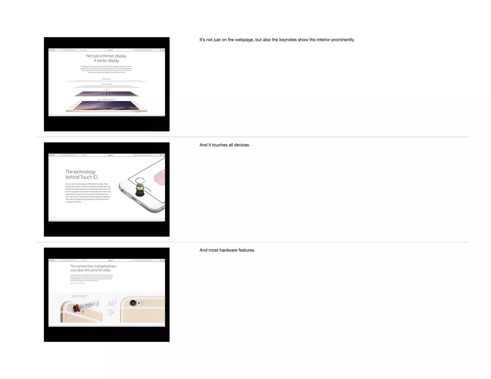 It’s not just on the webpage, but also the keynotes show the interior prominently.
And it touches all devices.
And most hardware features.
 