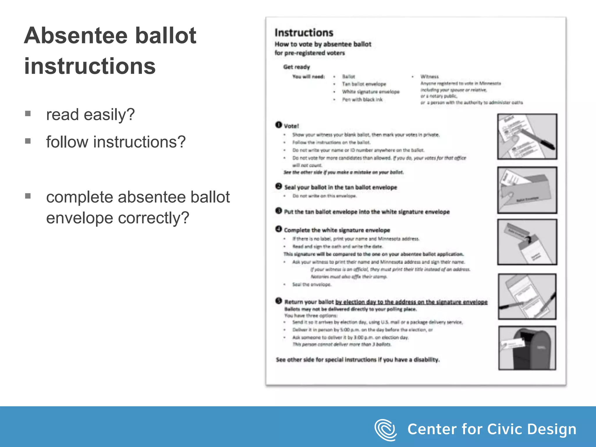 Absentee ballot
instructions
 read easily?
 follow instructions?
 complete absentee ballot
envelope correctly?
 