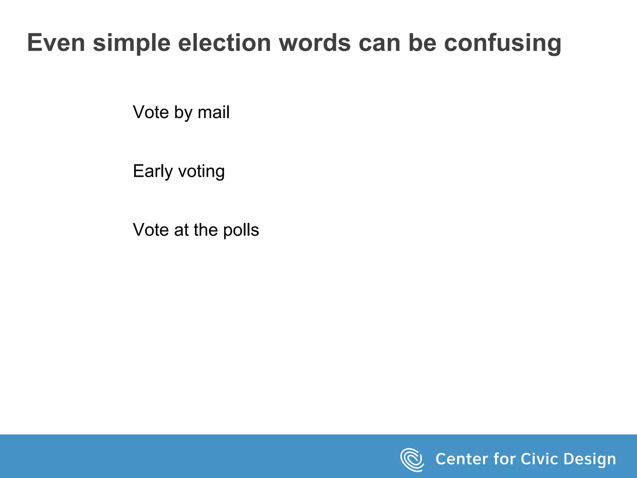 Even simple election words can be confusing
Vote by mail
Early voting
Vote at the polls
 