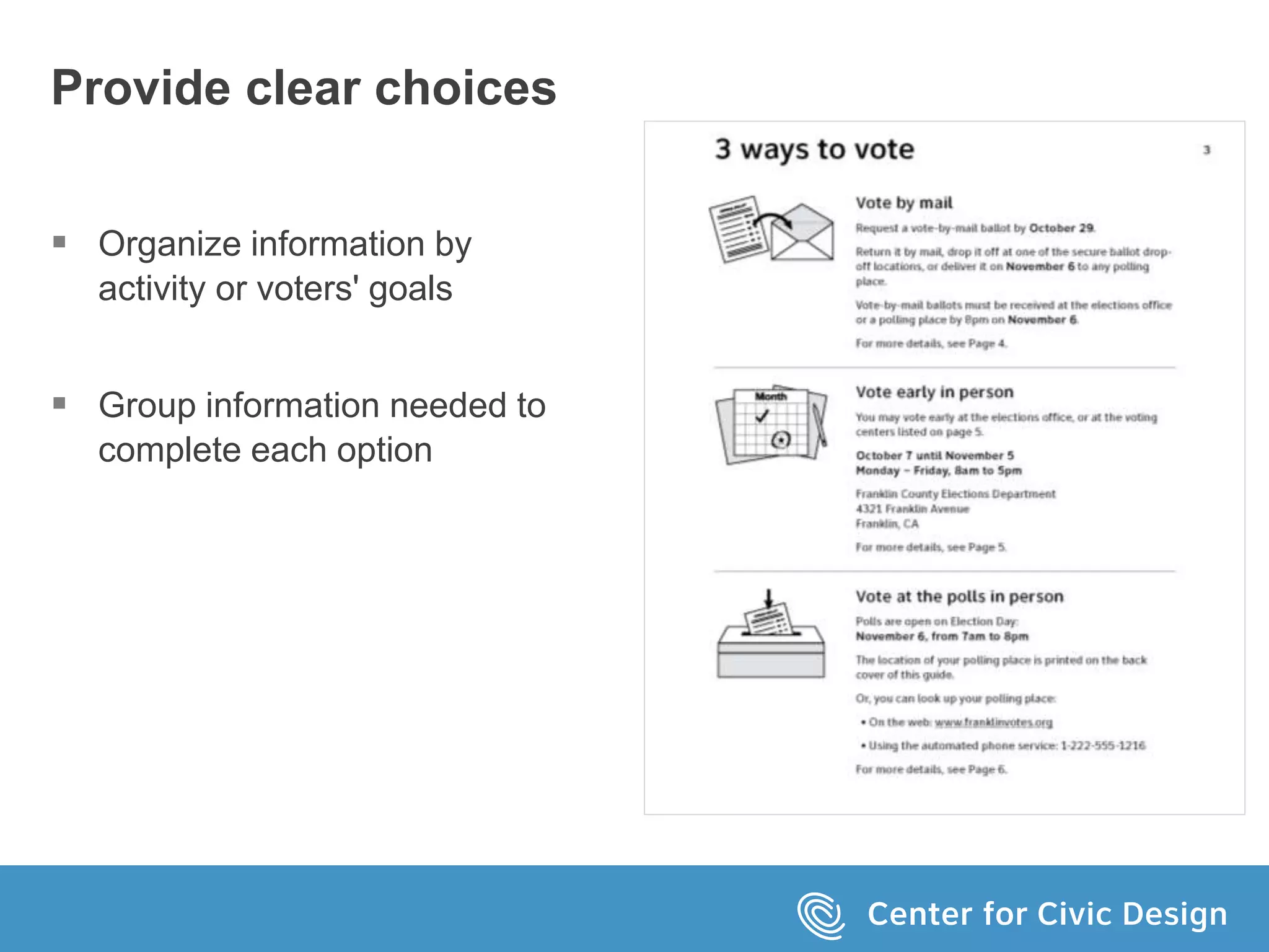 Provide clear choices
 Organize information by
activity or voters' goals
 Group information needed to
complete each option
 