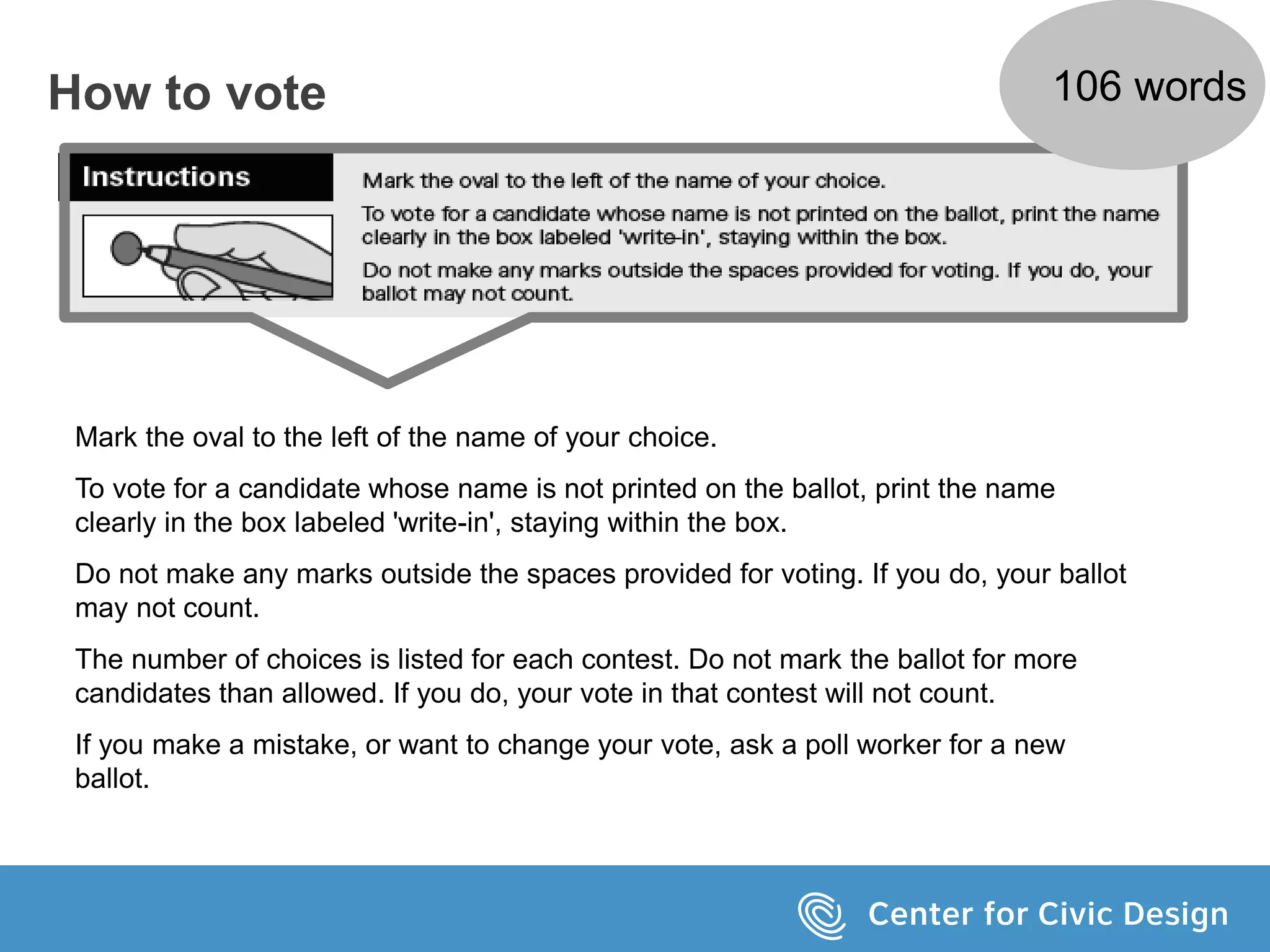 How to vote
Mark the oval to the left of the name of your choice.
To vote for a candidate whose name is not printed on the ballot, print the name
clearly in the box labeled 'write-in', staying within the box.
Do not make any marks outside the spaces provided for voting. If you do, your ballot
may not count.
The number of choices is listed for each contest. Do not mark the ballot for more
candidates than allowed. If you do, your vote in that contest will not count.
If you make a mistake, or want to change your vote, ask a poll worker for a new
ballot.
106 words
 
