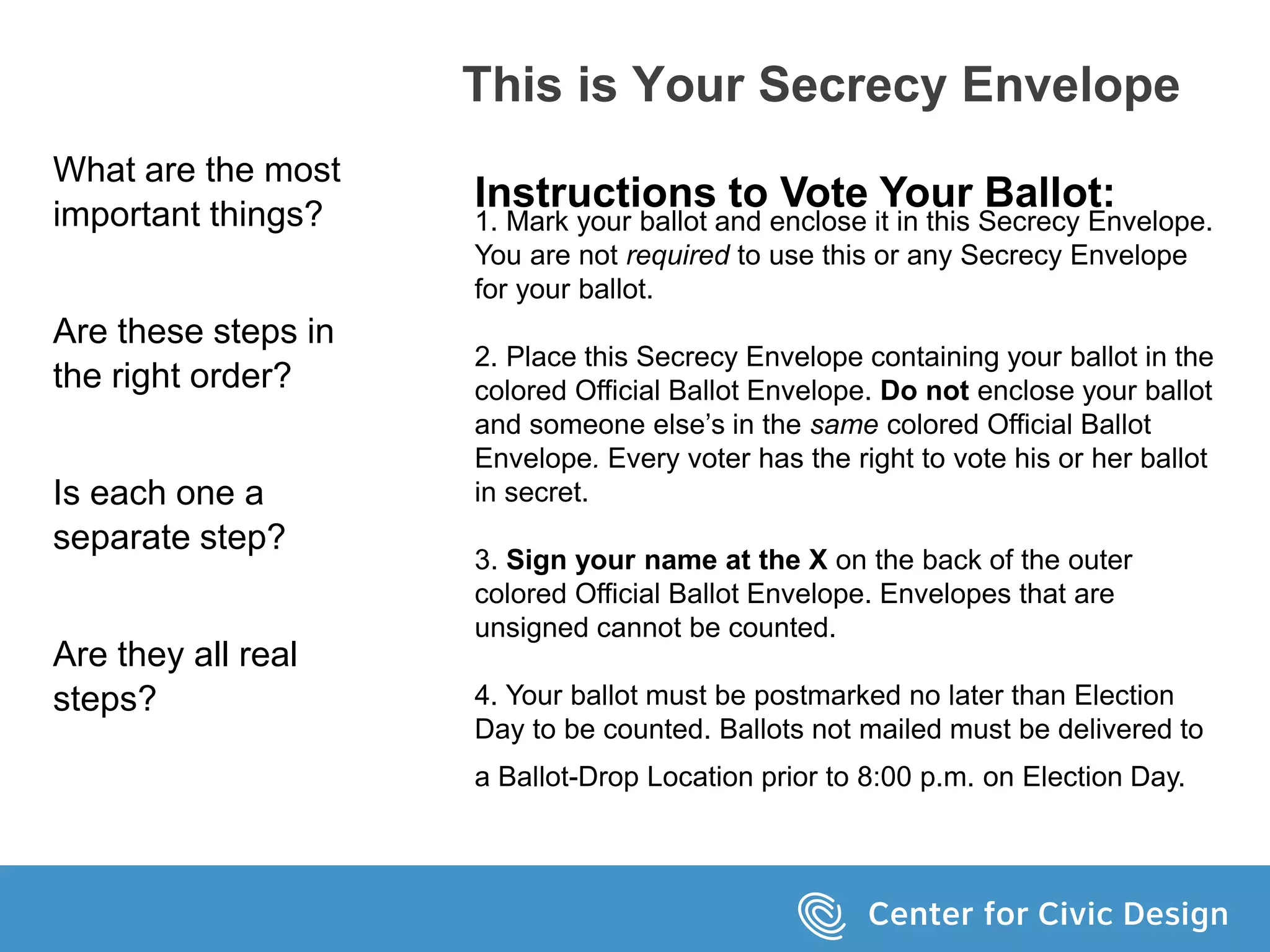 This is Your Secrecy Envelope
What are the most
important things?
Are these steps in
the right order?
Is each one a
separate step?
Are they all real
steps?
Instructions to Vote Your Ballot:
1. Mark your ballot and enclose it in this Secrecy Envelope.
You are not required to use this or any Secrecy Envelope
for your ballot.
2. Place this Secrecy Envelope containing your ballot in the
colored Official Ballot Envelope. Do not enclose your ballot
and someone else’s in the same colored Official Ballot
Envelope. Every voter has the right to vote his or her ballot
in secret.
3. Sign your name at the X on the back of the outer
colored Official Ballot Envelope. Envelopes that are
unsigned cannot be counted.
4. Your ballot must be postmarked no later than Election
Day to be counted. Ballots not mailed must be delivered to
a Ballot-Drop Location prior to 8:00 p.m. on Election Day.
 