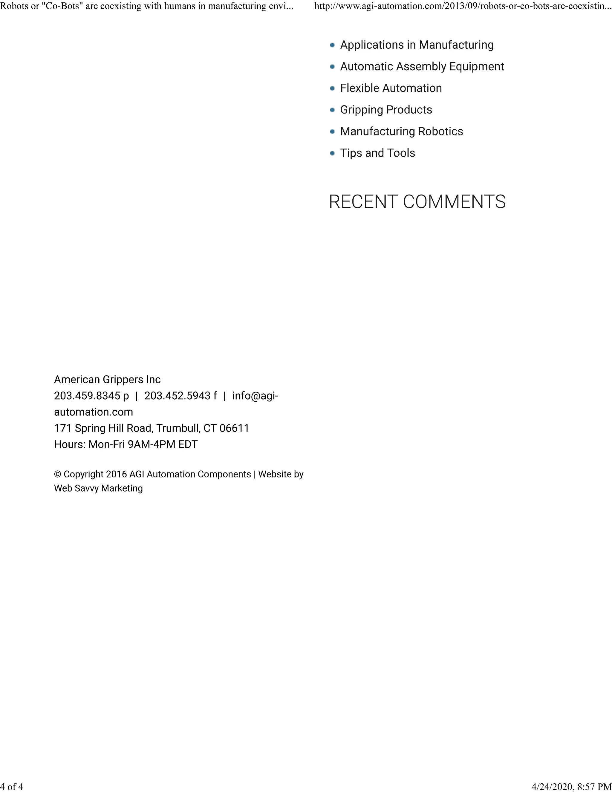 Robots or "Co-Bots" are coexisting with humans in manufacturing envi... http://www.agi-automation.com/2013/09/robots-or-co-bots-are-coexistin...
4 of 4 4/24/2020, 8:57 PM