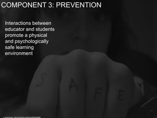 Interactions between
educator and students
promote a physical
and psychologically
safe learning
environment
COMPONENT 3: PREVENTION
cc: squeezeomatic - https://www.flickr.com/photos/82437626@N00
 