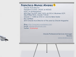 Francisco Munoz Alvarez
•
•
•
•
•
•
•

•
•
•

Oracle ACE Director
President CLOUG, LAOUC & NZOUG
IOUC LA Spokesperson
8/9/10g/11g OCP, RAC OCE, AS OCA, E-Business OCP,
SQL/PLSQL OCA, Oracle 7 OCM
Oracle 7, 11GR2 & OVM 3.1 and 3.2 Beta Tester
ITIL Certified
2010 Oracle Ace Director of the year by Oracle Magazine

Blog: http://oraclenz.wordpress.com
Email: mbatec@hotmail.com
Twitter : fcomunoz
Oracle Professional Services Manager
Revera
www.revera.co.nz

2

Copyright 2009

 