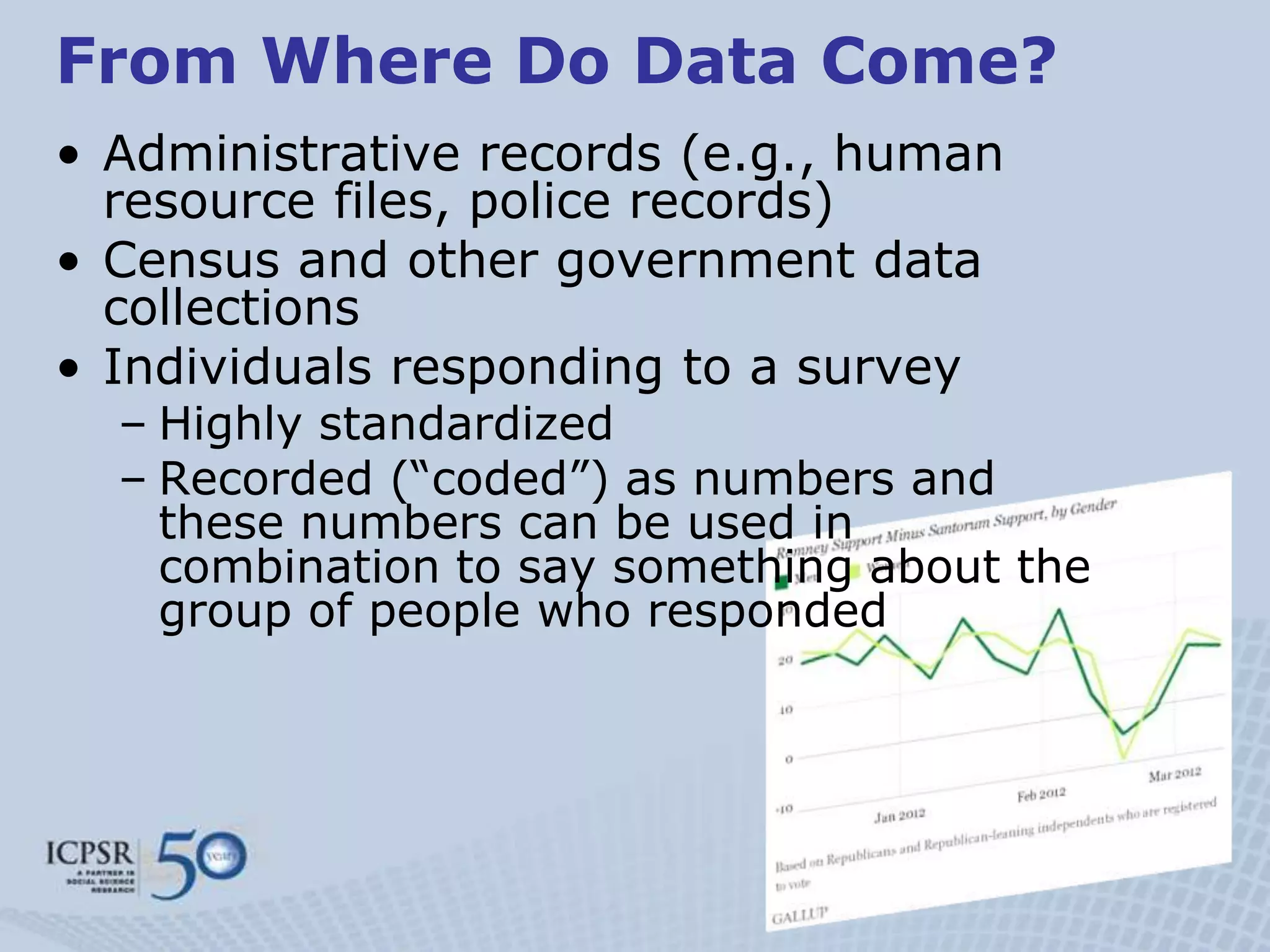 From Where Do Data Come?
• Administrative records (e.g., human
  resource files, police records)
• Census and other government data
  collections
• Individuals responding to a survey
  – Highly standardized
  – Recorded (“coded”) as numbers and
    these numbers can be used in
    combination to say something about the
    group of people who responded
 