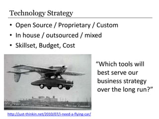 Technology Strategy<br />Open Source / Proprietary / Custom<br />In house / outsourced / mixed<br />Skillset, Budget, Cost...