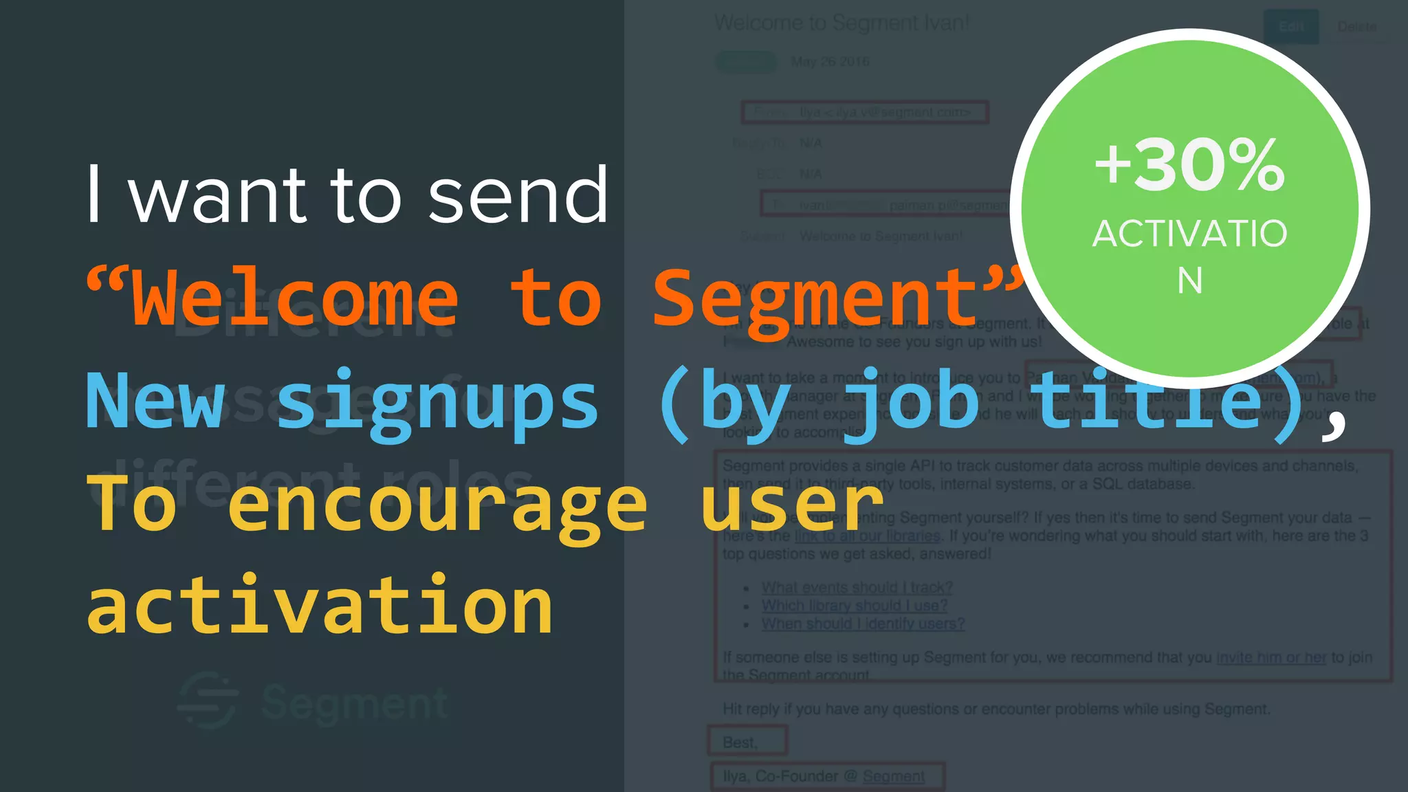 “Welcome to Segment”
New signups (by job title),
To encourage user
activation
 
