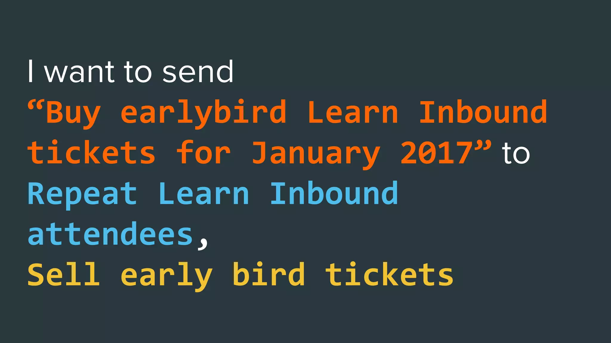 “Buy earlybird Learn Inbound
tickets for January 2017”
Repeat Learn Inbound
attendees,
Sell early bird tickets
 