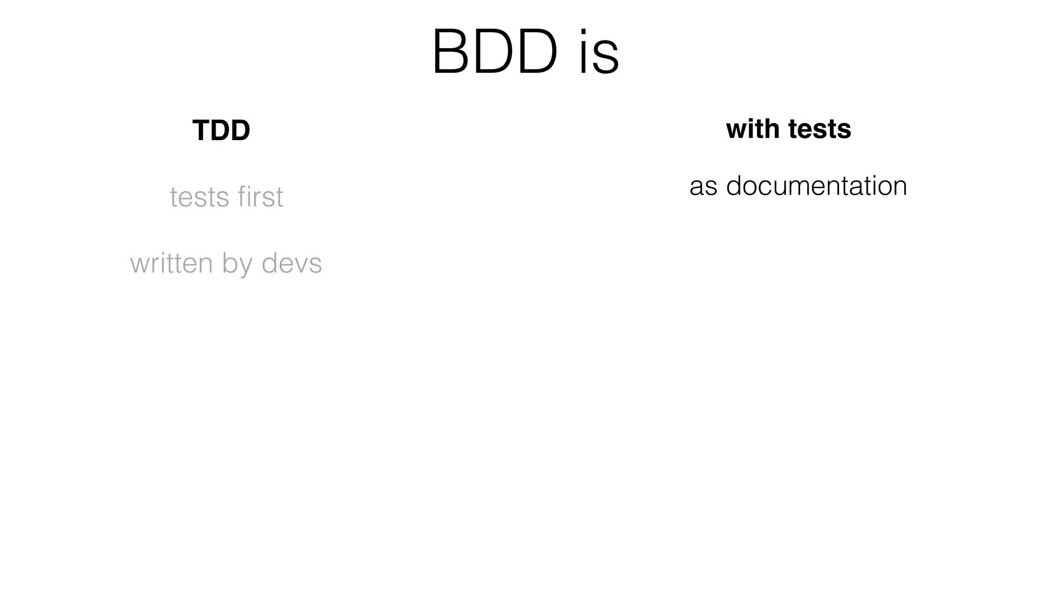 BDD is
TDD
tests ﬁrst
written by devs
with tests
as documentation
as behaviours
focused on business
as speciﬁcation
i.e. provided from BA side
a tool to deﬁne unclear reqs
in ubiquitous language
discussed between all stakeholders
(BA, Test, Dev, etc.)
 