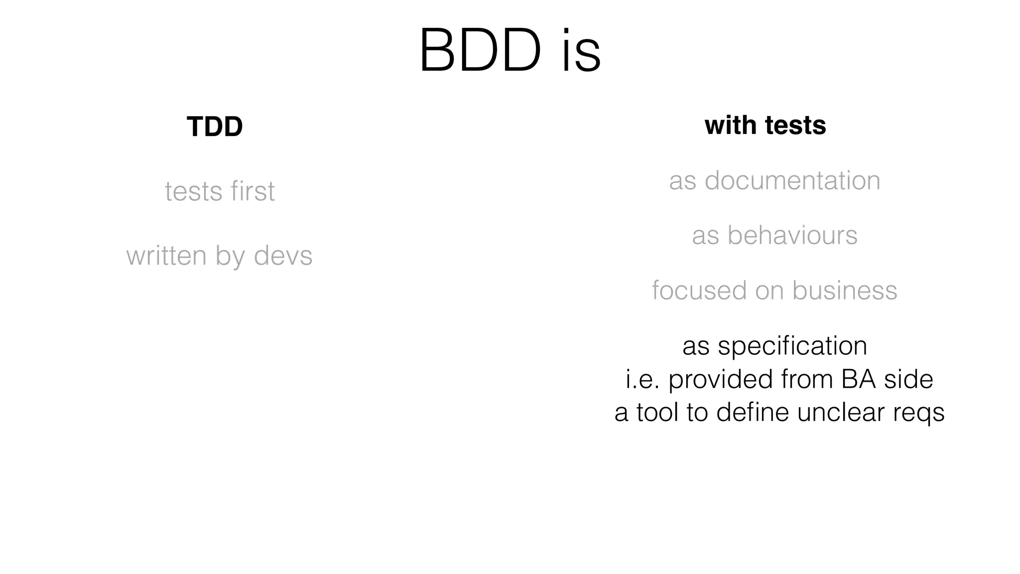 BDD is
TDD
tests ﬁrst
written by devs
with tests
as documentation
as behaviours
focused on business
as speciﬁcation
i.e. provided from BA side
a tool to deﬁne unclear reqs
in ubiquitous language
discussed between all stakeholders
(BA, Test, Dev, etc.)
 