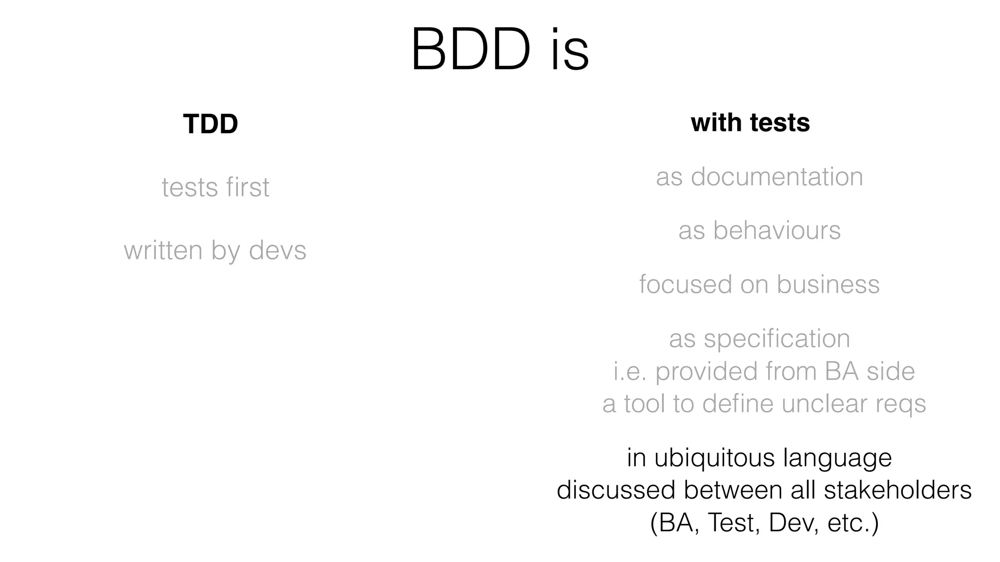 BDD is
TDD
tests ﬁrst
written by devs
with tests
as documentation
as behaviours
focused on business
as speciﬁcation
i.e. provided from BA side
a tool to deﬁne unclear reqs
in ubiquitous language
discussed between all stakeholders
(BA, Test, Dev, etc.)
 