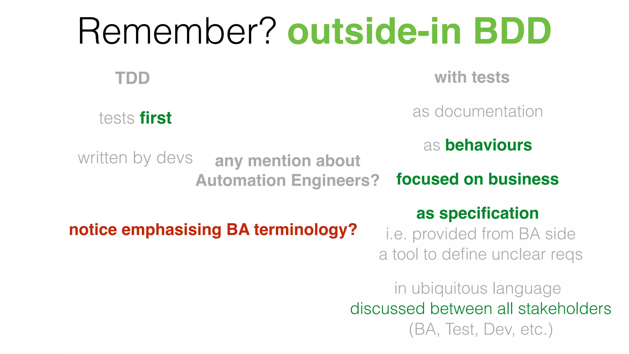 Remember? outside-in BDD
TDD
tests ﬁrst
written by devs
with tests
as documentation
as behaviours
focused on business
as speciﬁcation
i.e. provided from BA side
a tool to deﬁne unclear reqs
in ubiquitous language
discussed between all stakeholders
(BA, Test, Dev, etc.)
any mention about
Automation Engineers?
notice emphasising BA terminology?
 