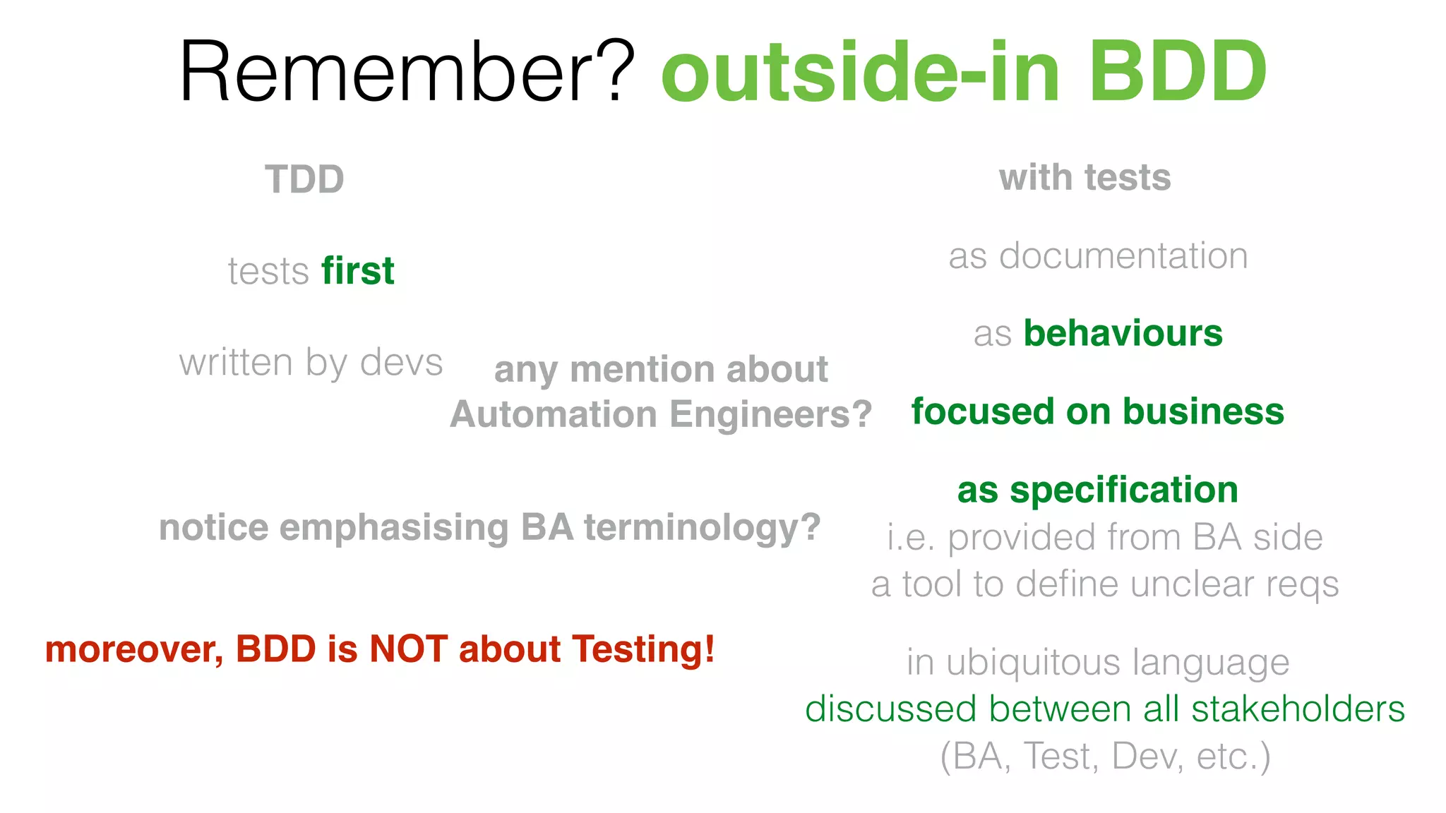 Remember? outside-in BDD
TDD
tests ﬁrst
written by devs
with tests
as documentation
as behaviours
focused on business
as speciﬁcation
i.e. provided from BA side
a tool to deﬁne unclear reqs
in ubiquitous language
discussed between all stakeholders
(BA, Test, Dev, etc.)
any mention about
Automation Engineers?
notice emphasising BA terminology?
moreover, BDD is NOT about Testing!
 