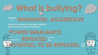 What is bullying? 
Bullying 
is UNWANTED, AGGRESSIVE 
behavior among school aged children 
that involves a real or perceived 
POWER IMBALANCE. 
The 
behavior is REPEATED or has 
the 
POTENTIAL TO BE REPEATED, over 
time. 
 