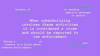 When cyberbullying 
involves these activities 
it is considered a crime 
and should be reported to 
law enforcement 
Threats of 
violence 
Child pornography 
or sending sexually 
explicit messages 
or photos 
Taking a photo or video of 
someone in a place where 
someone would expect privacy 
Stalking and 
hate crimes 
 