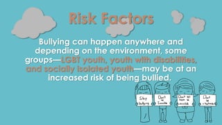Risk Factors 
Bullying can happen anywhere and 
depending on the environment, some 
groups—LGBT youth, youth with disabilities, 
and socially isolated youth—may be at an 
increased risk of being bullied. 
 