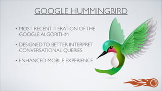 GOOGLE HUMMINGBIRD
• MOST RECENT ITERATION OFTHE
GOOGLE ALGORITHM	

• DESIGNEDTO BETTER INTERPRET
CONVERSATIONAL QUERIES	

• ENHANCED MOBILE EXPERIENCE
 