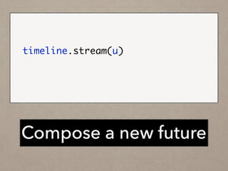 !
val filtered: Future[List[Event]] =	
timeline.stream(u).map {	
_.filter(_.isTrackPost)	
}	
Compose a new future
 