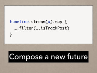 !
val filtered: Future[List[Event]] =	
timeline.stream(u).map {	
_.filter(_.isTrackPost)	
}	
Compose a new future
 
