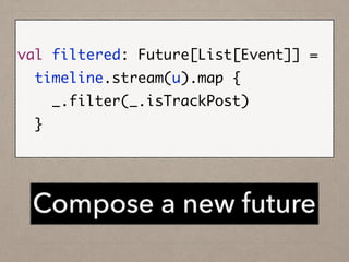 !
val filtered: Future[List[Event]] =	
timeline.stream(u).map {	
_.filter(_.isTrackPost)	
}	
Compose a new future
 