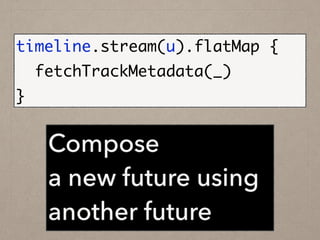 Compose
a new future using
another future
timeline.stream(u).flatMap {	
fetchTrackMetadata(_)	
}
 