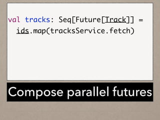 !
val tracks: Seq[Future[Track]] =	
ids.map(tracksService.fetch)	
!
val collect: Future[Seq[Track]] = 	
Future.collect(tracks)	
Compose parallel futures
 